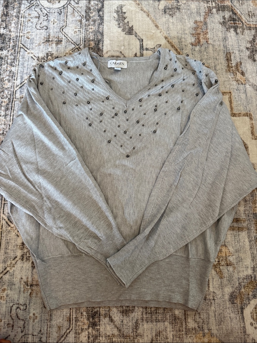 Carmen Marc Valvo Light Gray V-Neck Sweater with Bead Detail